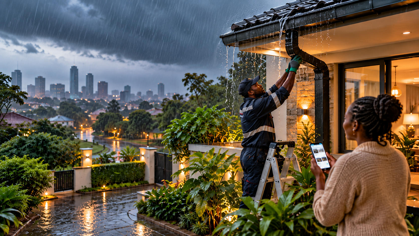 A rainy evening at a modern Nairobi home. When extreme weather arrives, small maintenance problems can quickly become expensive ones.
